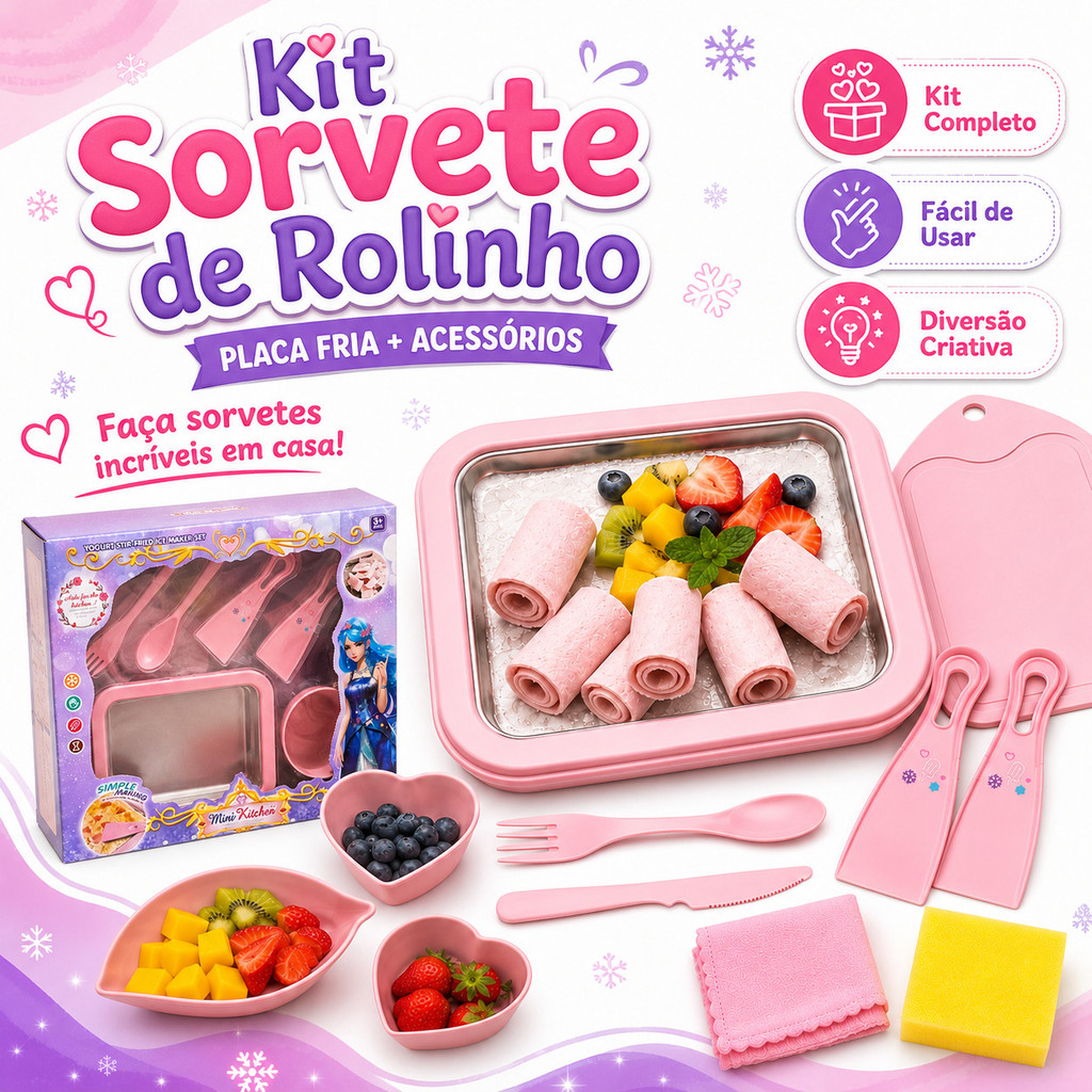 Kit Sorvete De Rolinho Placa Fria Infantil Com Acessórios Sorveteria Artesanal Ice Roll