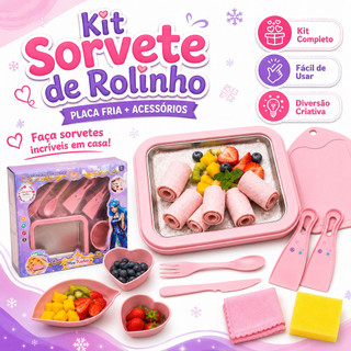 Kit Sorvete De Rolinho Placa Fria Infantil Com Acessórios Sorveteria Artesanal Ice Roll