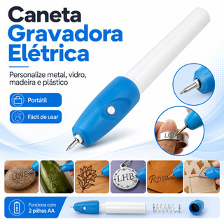 Caneta Gravador de Metais Vidro Madeira Joias Elétrico com 1 Ponteira Gravadora Plástico Metal Inox