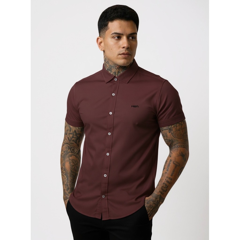 Camisa Masculina Viscose Elastano Manga Curta Slim Fit Não Amassa Marsala — Mell Moda