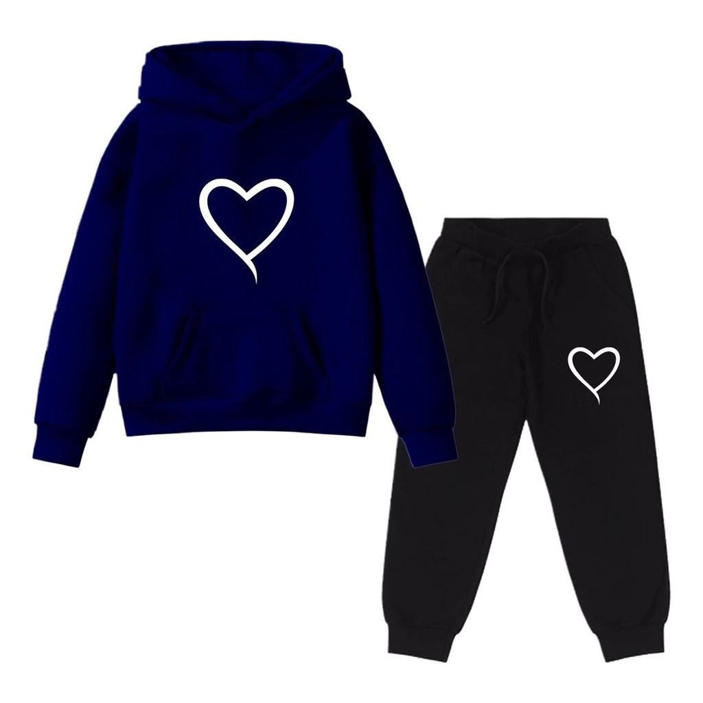 kit calça agasalho Conjunto Moletom Infantil Coração Canguru Bolso Touca Passeio Algodão quentinho