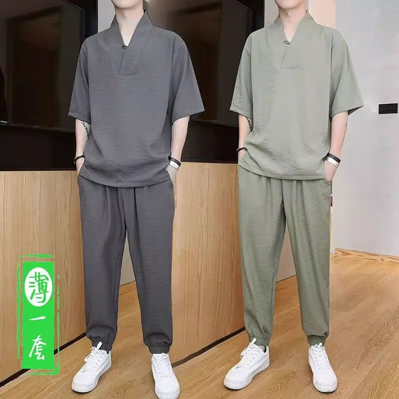 Étnico gelo Tang masculino Retro melhorado Hanfu nova camisa chinesa de manga curta Ju 7.19
