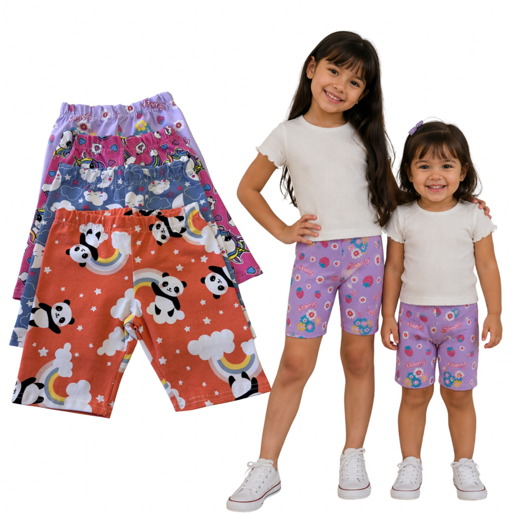 Kit 4 Short Infantil Cotton Ciclista Menina Estampado Algodão