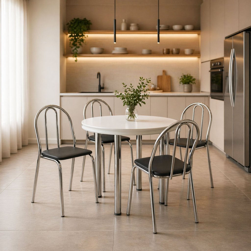 Conjunto Sala de Jantar Mesa Redonda 90cm 4 Cadeiras Estofadas Corino Cromado/Branco/Preto Preto Branco