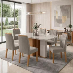 Conjunto Sala de Jantar 6 Lugares Retangular Tampo Vidro/MDF 170cm Mesa Astrid com Cadeiras Apogeu Marrom Amêndoa
