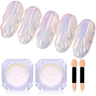 2 Frascos Aurora Chrome Nail Powder Iridescente Sereia Shell Mica Glitter Para DIY Salon Nails Art Design Branco Pérola 