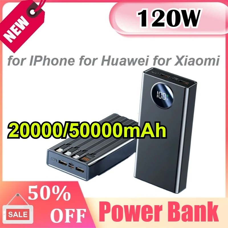 20000/50000mAh 120W Para IPhone Huawei Xiaomi Power Bank De Carregamento Rápido 