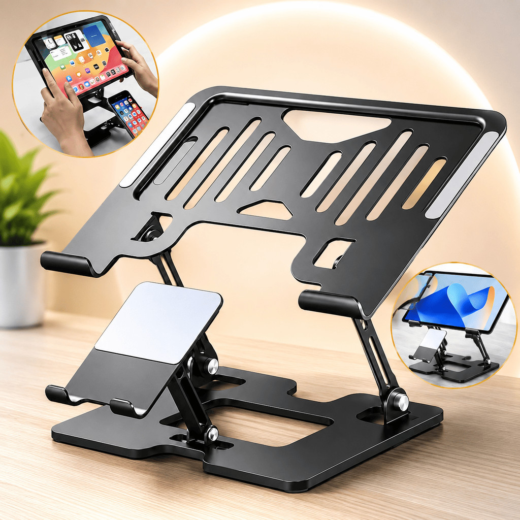 Suporte Notebook e Celular Laptop Tablet Base Regulável Premium Home Office Alumínio Ergonômico Apoio Dobrável Ajustável