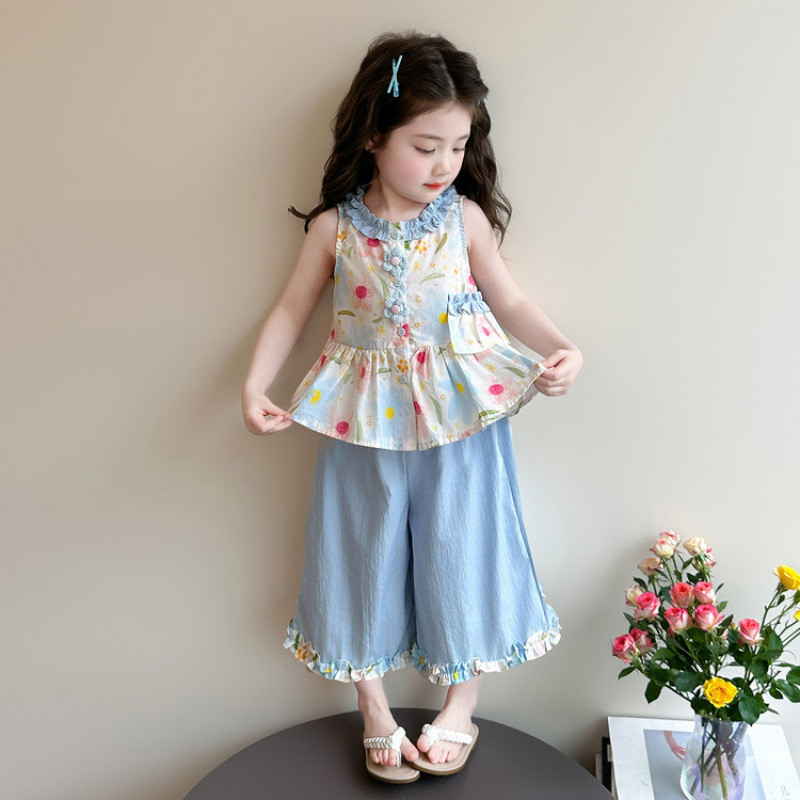 Meninas terno meninas terno verão 2026 moda crianças flor colete verão moda bebê menina terno de duas peças doce