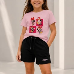 Kit Camiseta Infantil Meninas Super Poderosas Florzinha Poses Menina e Bermuda Moletinho