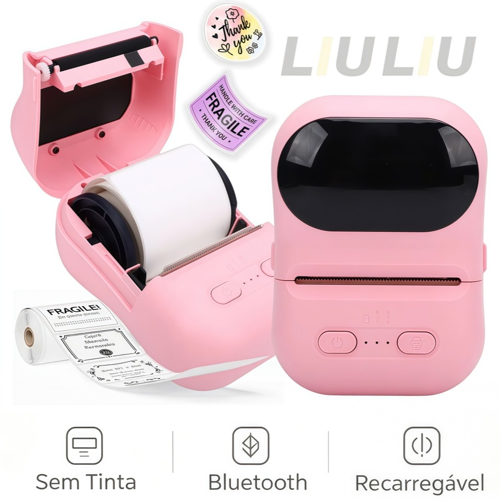 Mini impressora portátil de etiquetas termossensíveis com Bluetooth, impressão em alta definição sem tinta