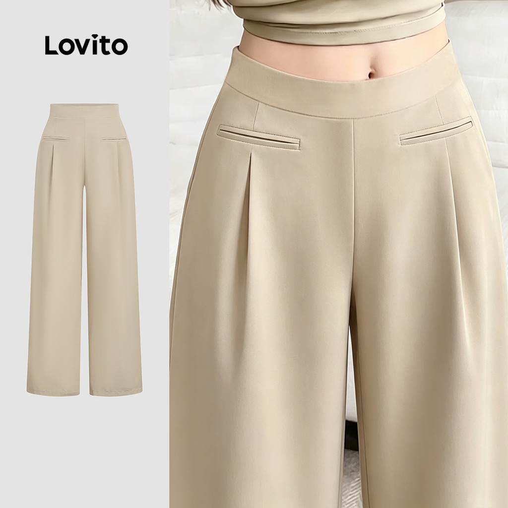Lovito Calça Casual Bolso Falso Zíper Botão Primavera/verão Calça Cáqui Feminina