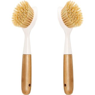 Conjunto de 2 Escovas de Cozinha com Cabo de Bambu, Escova para Lavar Louça com Raspador Integrado, Escova para Limpeza 