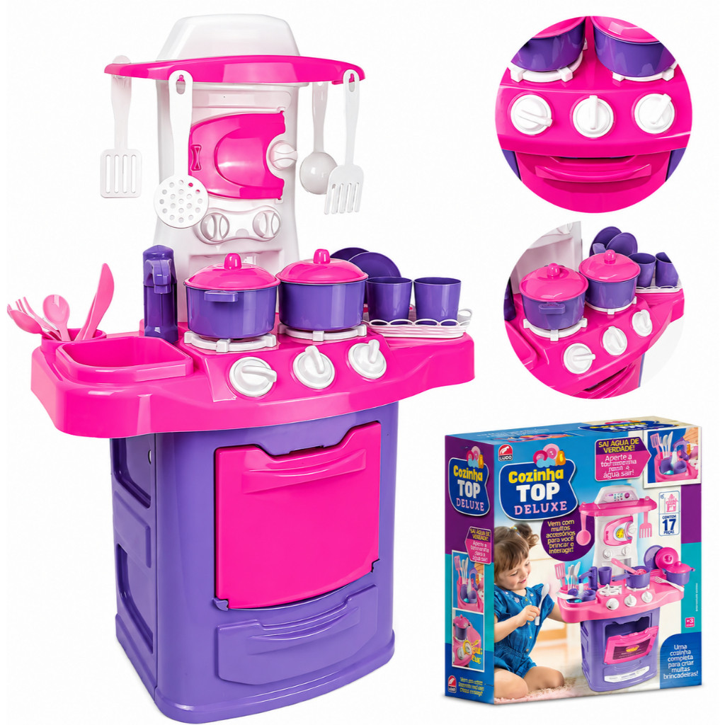 Top Deluxe Cozinha Infantil Completa com Acessórios Brinquedo Menina Fogão Forno Pia Panelinhas
