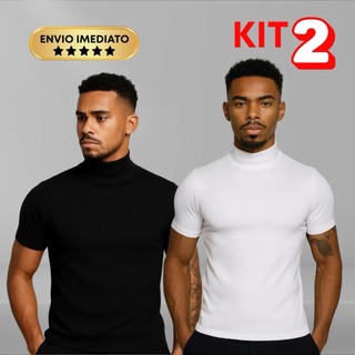 Novo Kit Com 2 Camisa Gola Alta Canelada Slim Old Money Masculina