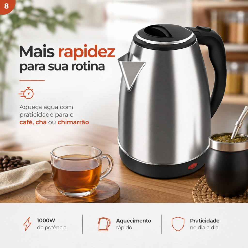 Chaleira Elétrica 2 Litros Inox Aquecimento Rápido Café Chá 110V Desligamento Automático Rápida Ferve Água Café Chá