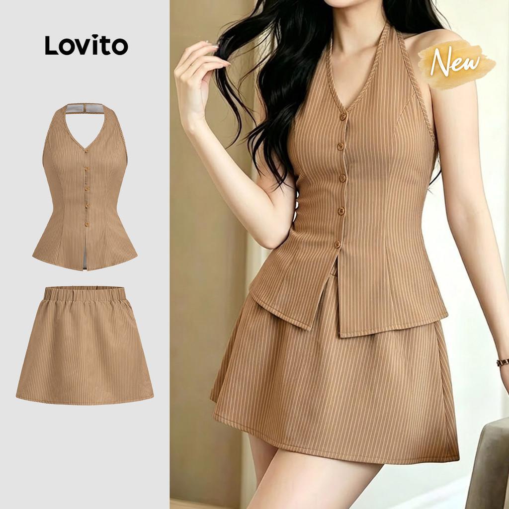 (New Arrival) Lovito Elegan Preppy style Button Leisure Spring/Summer khaki top 