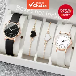 4PCS/Conjuntos Relógio de Quartzo Feminino com Mostrador Árabe e Pulseira de Couro (Sem Caixa)