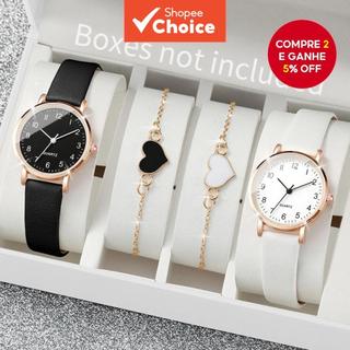 4PCS/Conjuntos Relógio de Quartzo Feminino com Mostrador Árabe e Pulseira de Couro (Sem C…