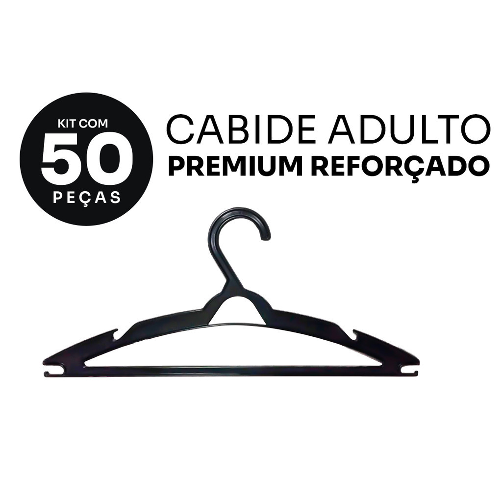 Kit 50 Cabide Adulto Reforçado Preto Plástico Cruzeta Roupas Resistente Premium