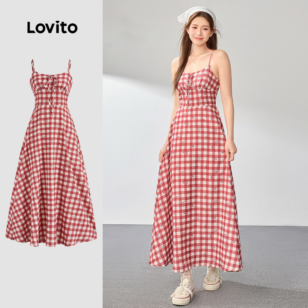 Lovito Vestido Midi De Verão/primavera Com Estampa Xadrez Alças Finas Amarração 
