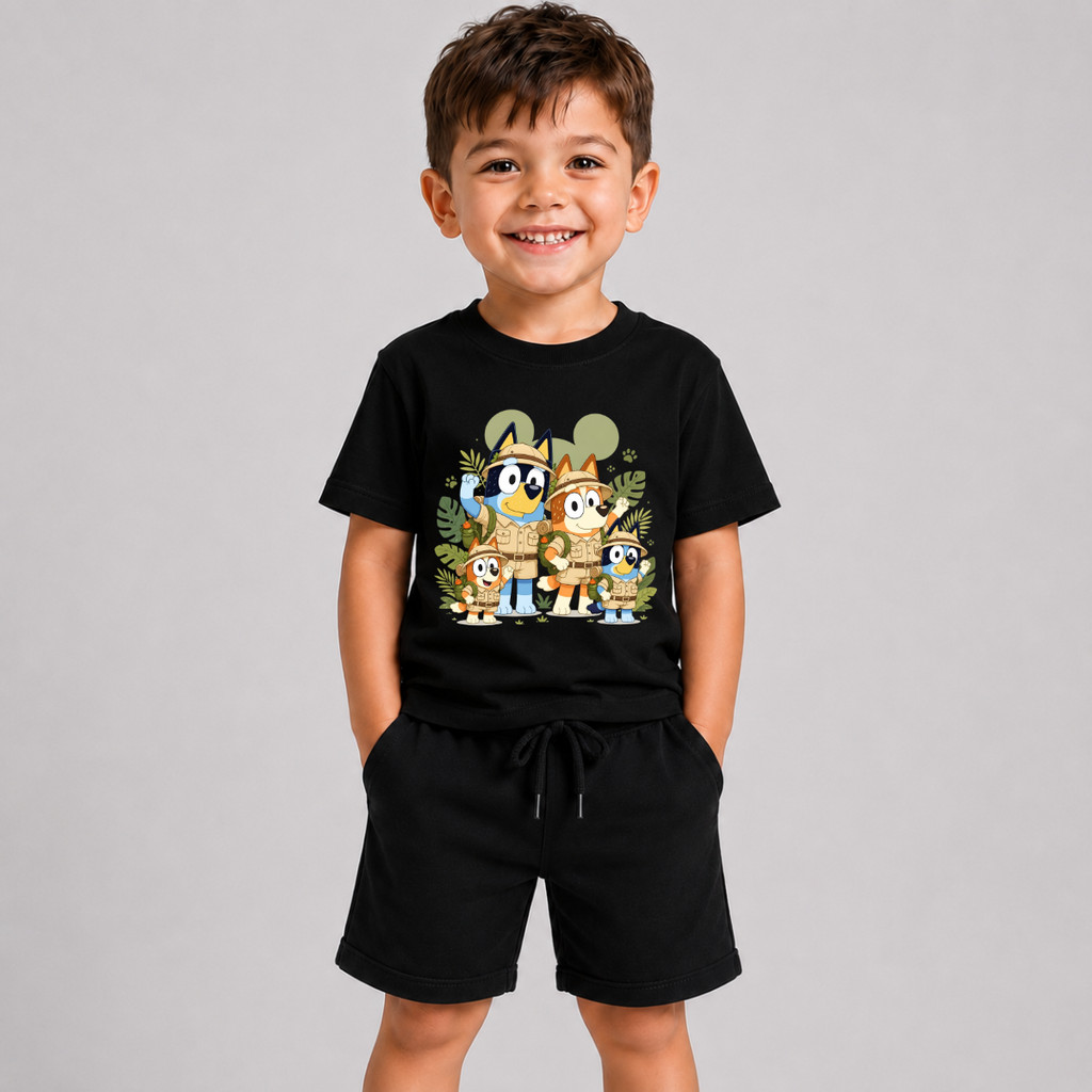 Conjunto Bluey Infantil Camiseta Manga Curta Estampada Bermuda de Moletinho Menino Roupa Infantil