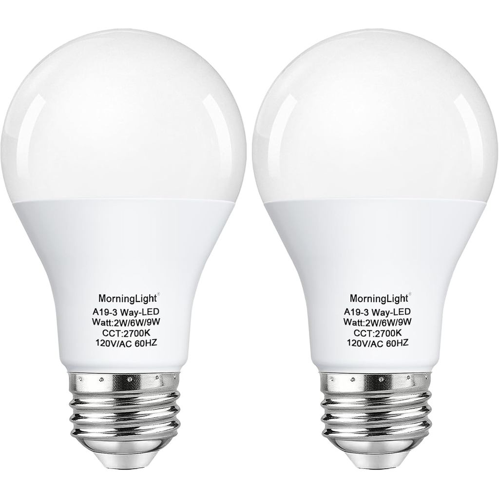 MorningLight Pacote com 2 Lâmpadas LED A19 de 3 Vias, Equivalente a 10, 40, 60 Watts, Branco Quente 2700K, Lâmpadas Regu