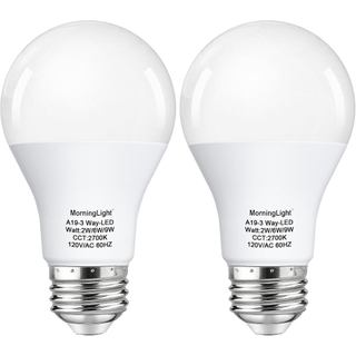 MorningLight Pacote com 2 Lâmpadas LED A19 de 3 Vias, Equivalente a 10, 40, 60 Watts, Branco Quente 2700K, Lâmpadas Regu