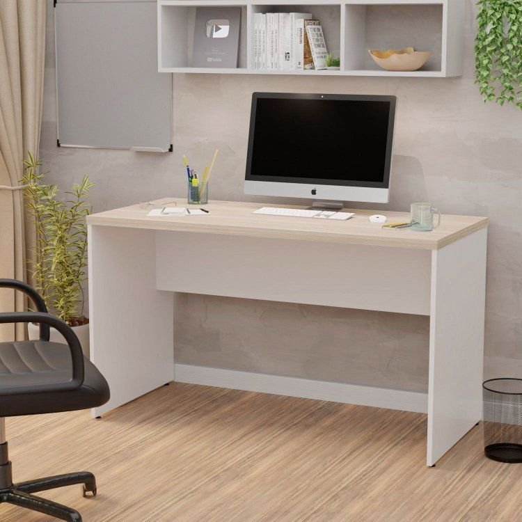 Mesa de Escritório Escrivaninha Tampo 120cm Carvalho e Branco Bege Carvalho/Branco