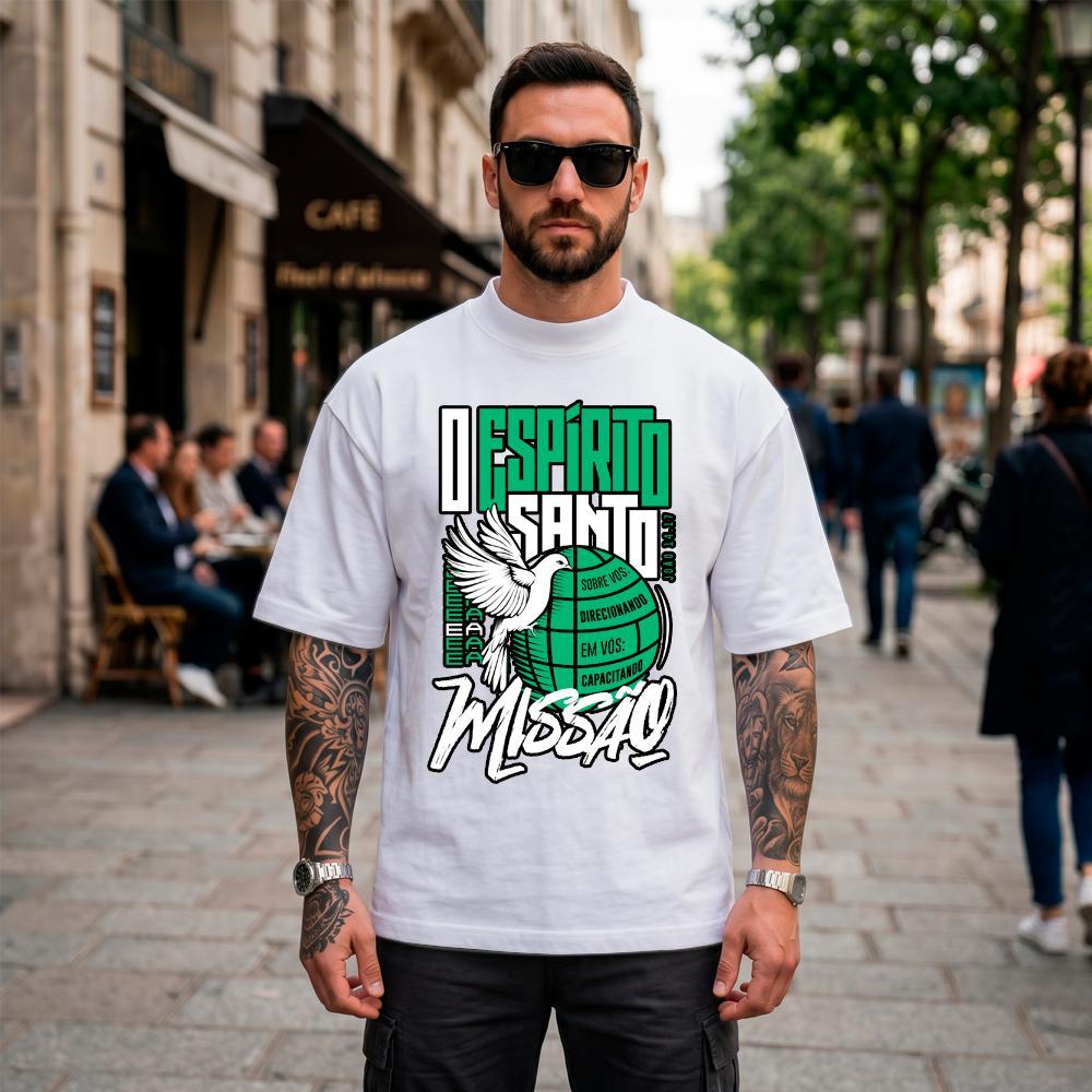 Camiseta Oversized Suedine Masculina Estampada Missão Espirito Santo Streetwear Cristã