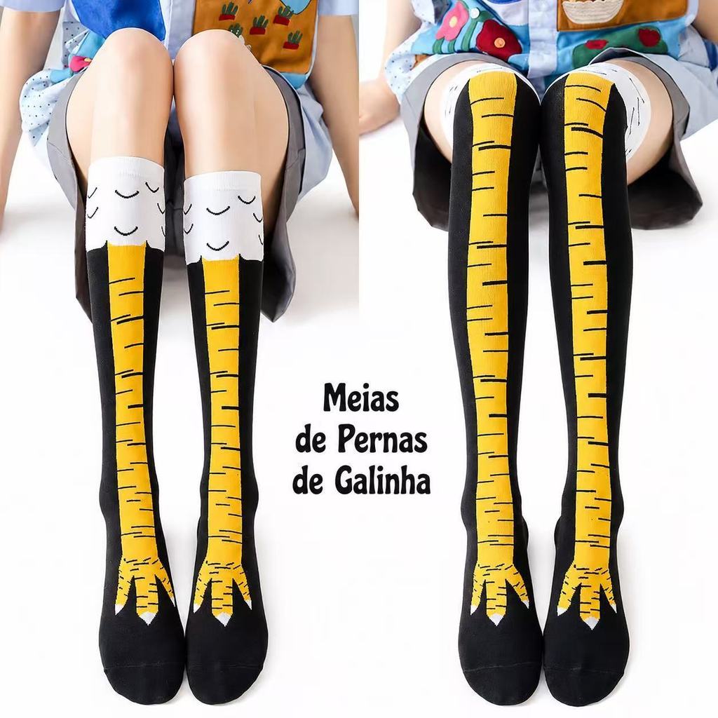 Meias De Perna De Frango Divertidas Longas De Algodão Desenho Animado Criativas Comprimento Do Joelho Feminino