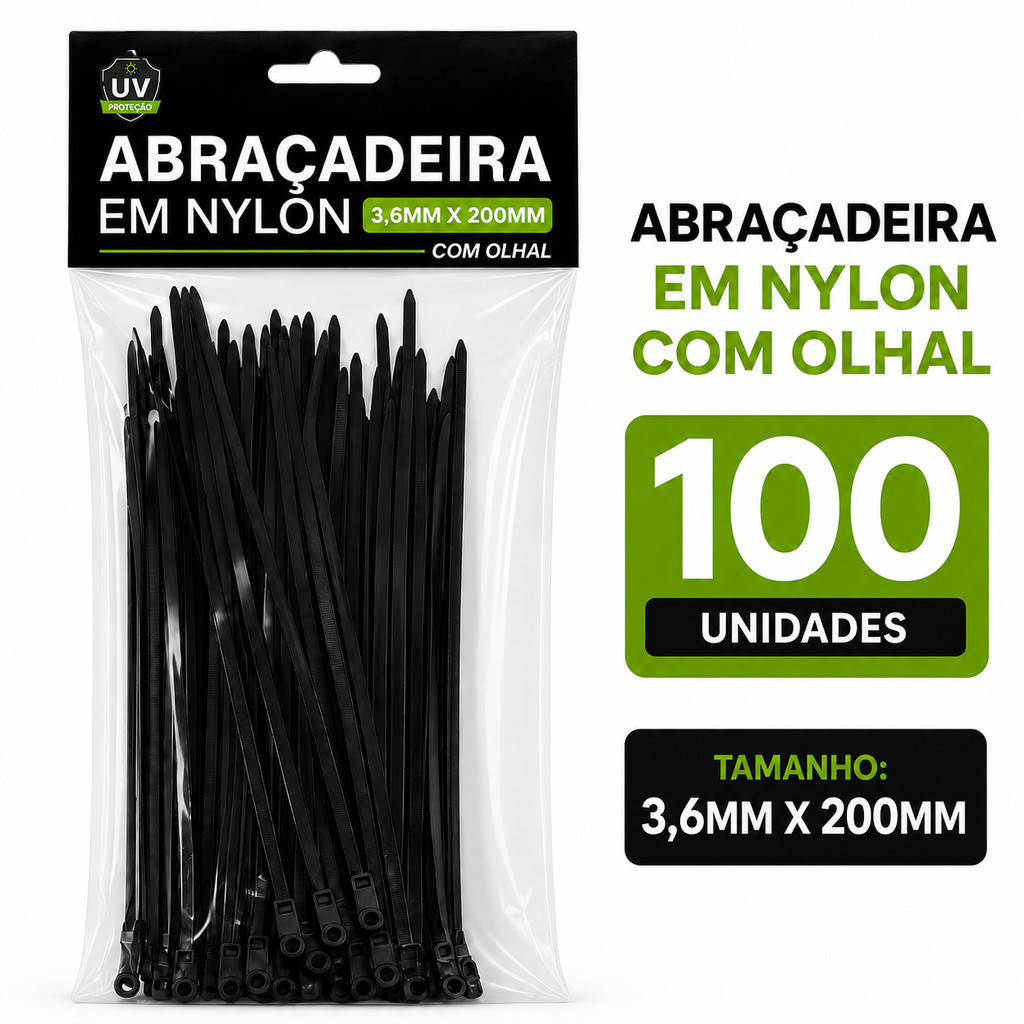 100 Abraçadeiras Nylon Preta com Olhal 3,6x150mm 3,6x200mm Enforca Gato Cinta Plástica para Parafuso