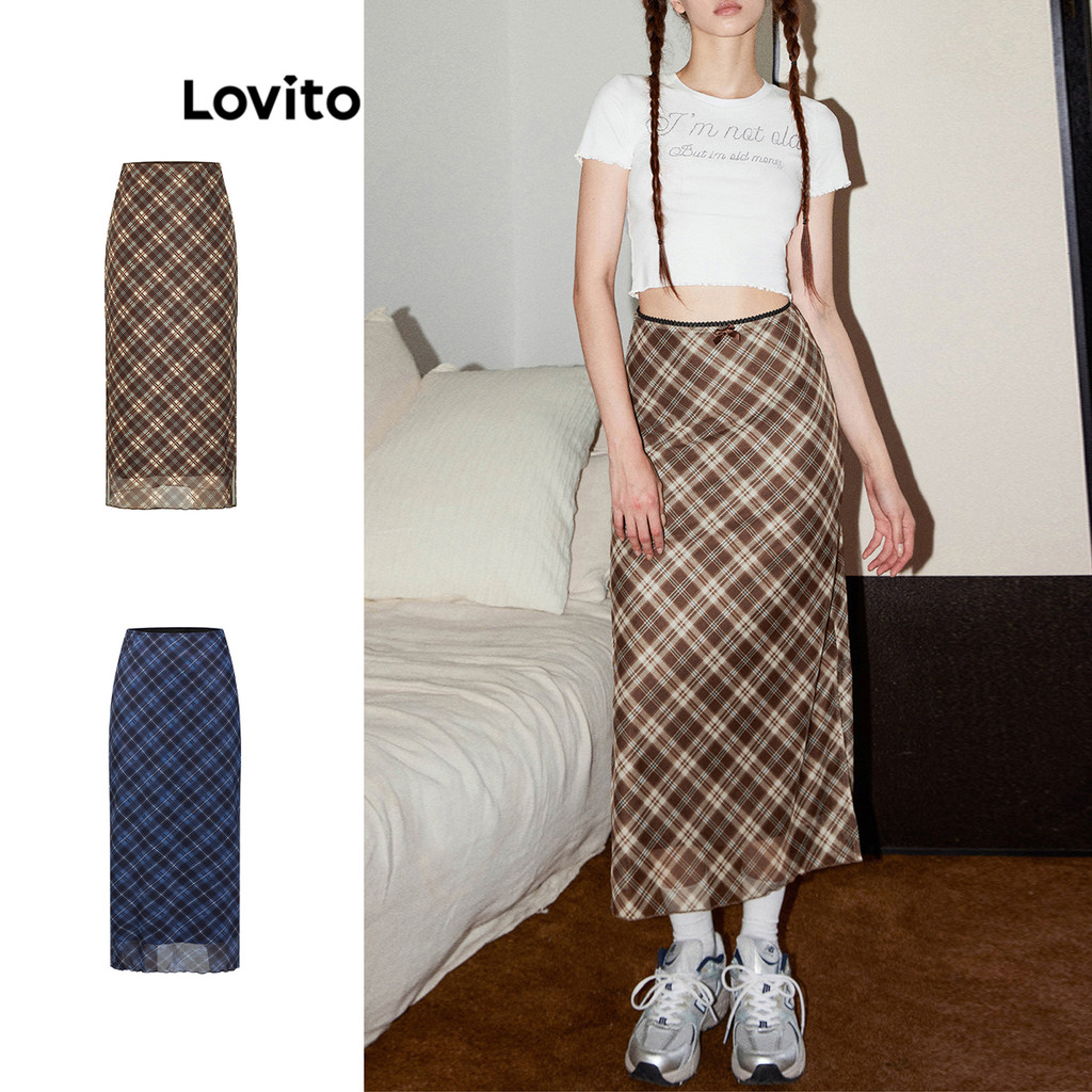 Lovito Casual Saias Formais Xadrez Saias Divididas De Camada Dupla Para Mulheres