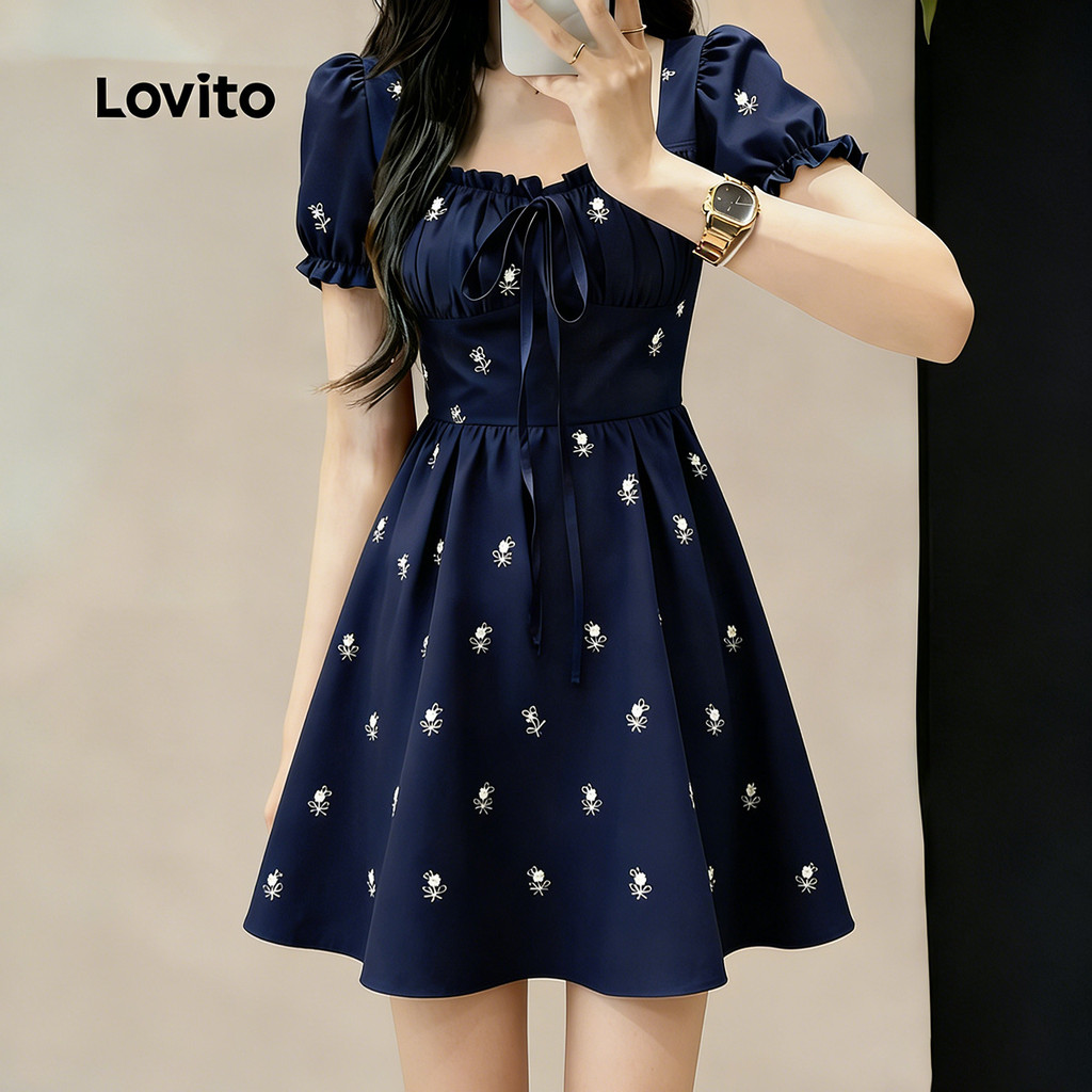 Lovito Curto Casual Vestido com Amarração e Babados para Primavera/verão Azul Marinho para Mulheres Bordado LBL33053 · foto 2