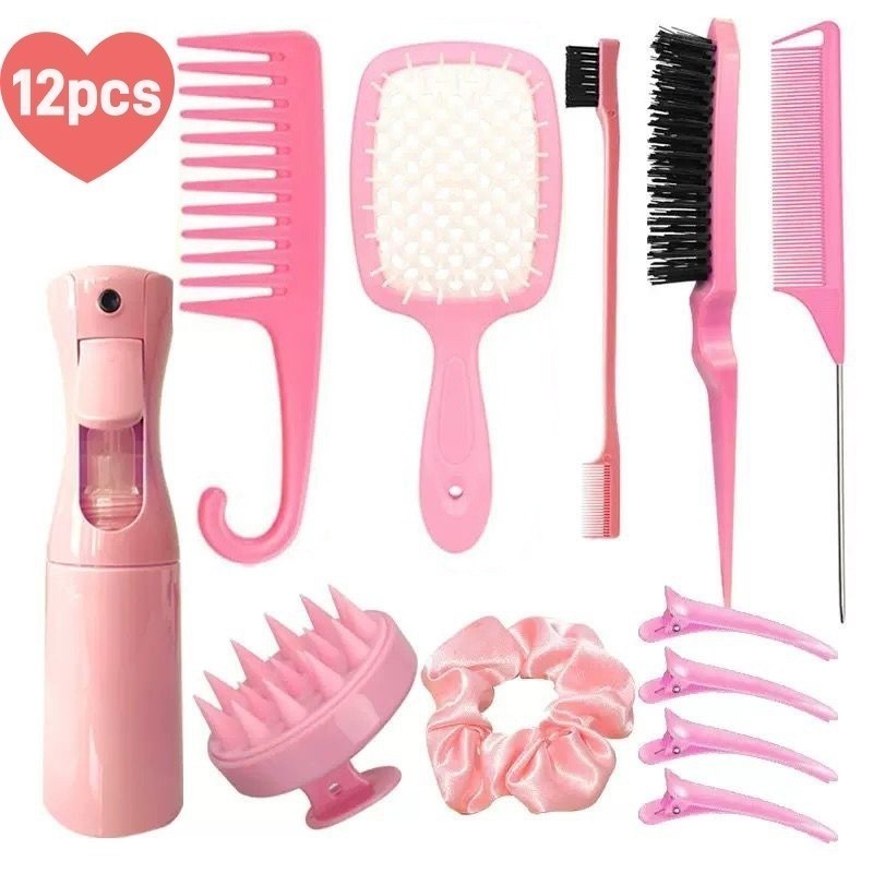 12pcs Escova Para Cabelos Encaracolados Conjunto De Pente De Rabo De Rato Curvo Natural Naturais Ferramentas Salões De