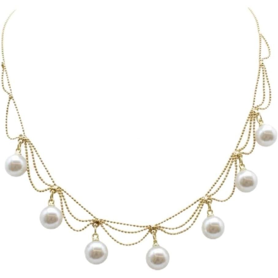 Colar de pérolas feminino elegante, colar com pingente de pérola banhado a ouro 14K, colar ajustável, joia elegante, ade