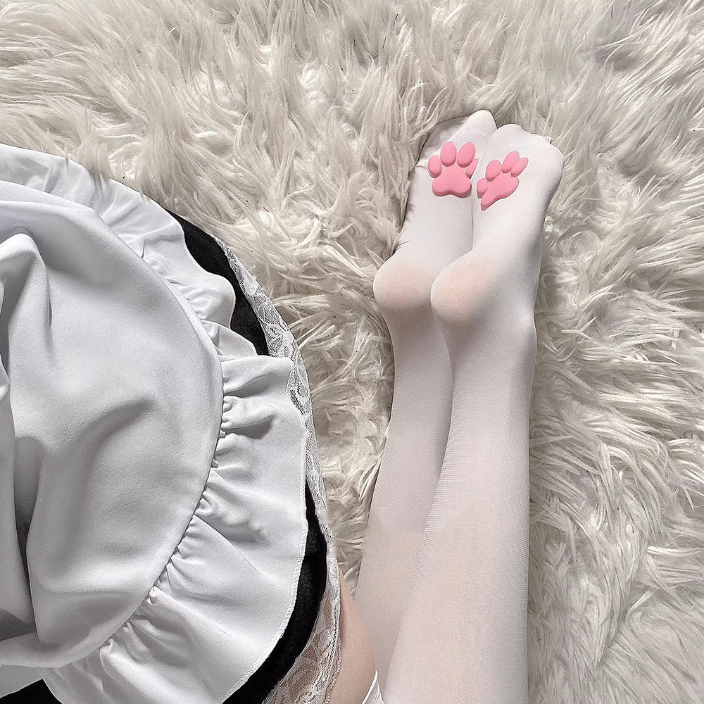 Meias Altas Até O Joelho Estilo Lolita Com Estampa De Pata De Gato 3D Em Estoque