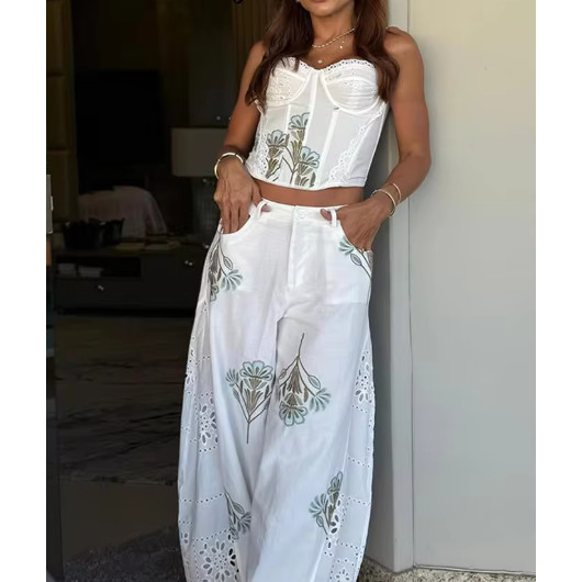 Floral Bordado Espartilho Superior Ilhó Calças De Perna Larga Feminino Conjunto De Roupa De Duas Peças