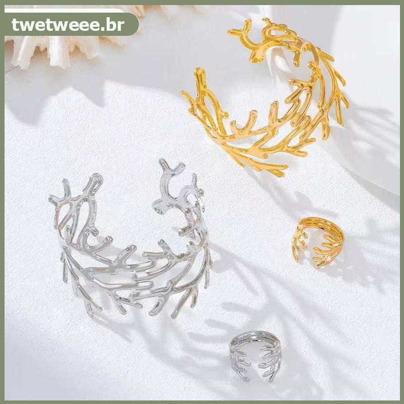 Twetw 2 Peças De Anel De Pulseira De Ramo De Coral Dourado Brilhante Conjunto De Joias Com Acabamento Polido Suave Para 