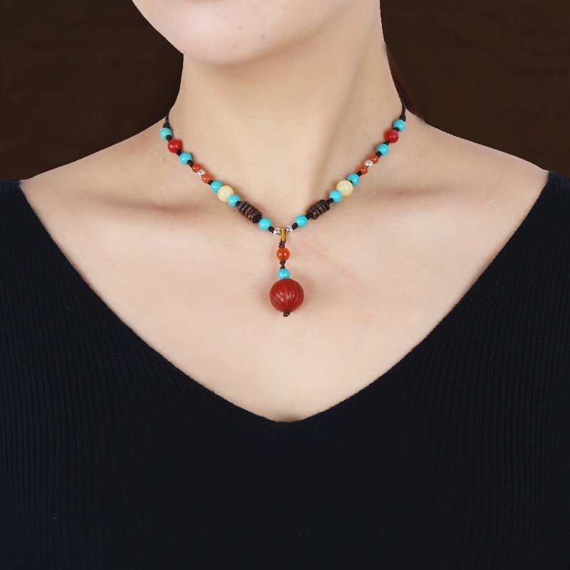 Retro estilo étnico sul ágata vermelha colar temperamento estilo longo nepalês tibetano pingente clavícula corrente femi