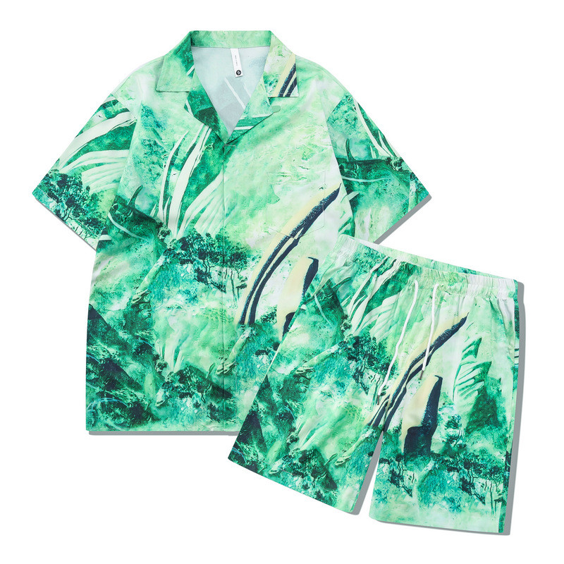 [Novo produto] Cavalheiro impressão Digital Retro Casual conjunto camisa praia solta camisa de manga curta conjunto masc