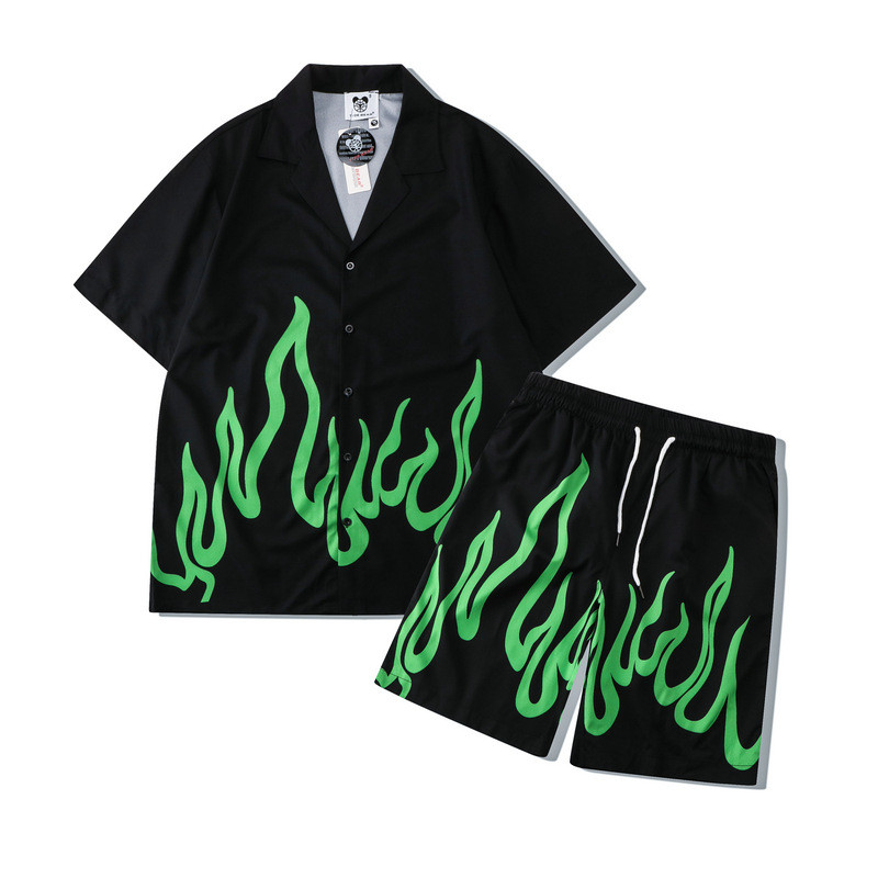 [Novo produto] Conjunto Casual de marca High Street com estampa Digital chama solta camisa de manga curta Shorts conjunt