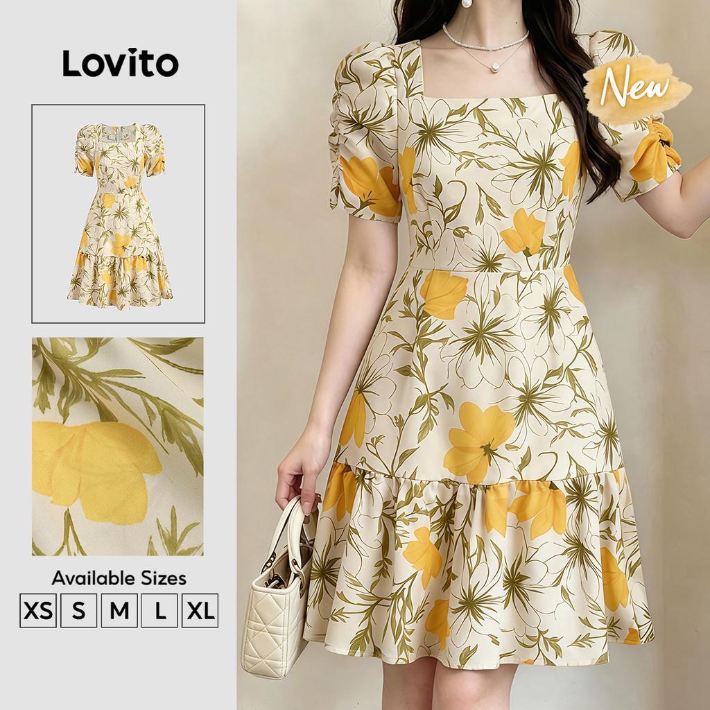 (New Arrival) Lovito Vestido Feminino Casual Amarelo Floral Com Bainha Babado Drapeado Pregas Curto Linha A Para Primavera Verão Fim De Semana DRB201P1D280