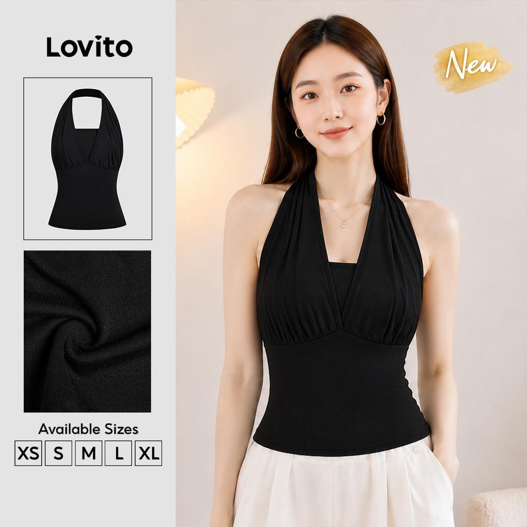 (New Arrival) Lovito Top Casual Preto Feminino Simples Clássico Versátil de verão TKB202P2D231