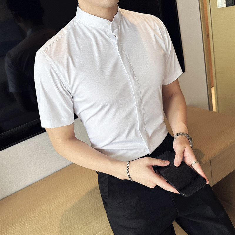 Pequena camisa de gola alta masculina de manga curta verão fino High-End moda britânica Casual rufião bonito não-ferro f