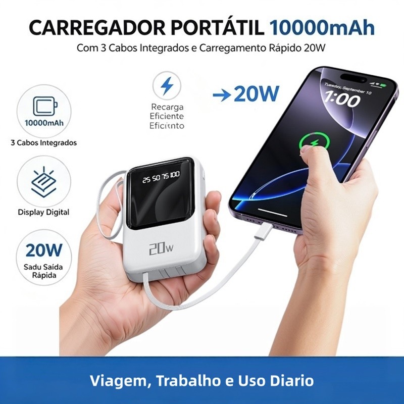 Carregador Portátil 10000mah con 4 cables de carga rápida Banco de energía digital LED-A6 Janoclick