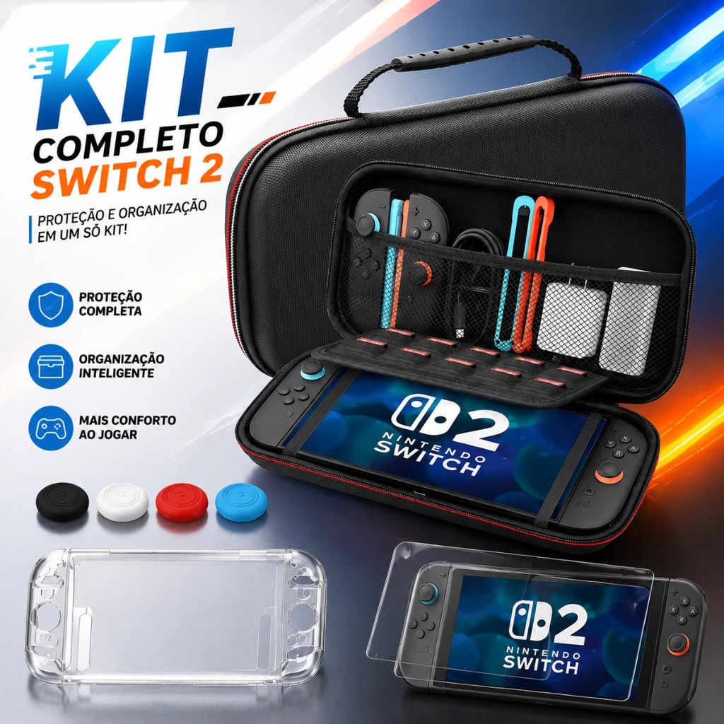 Kit Acessórios Para Nintendo Switch 2 Case Capa Transparente Película De Vidro E 4 Grips
