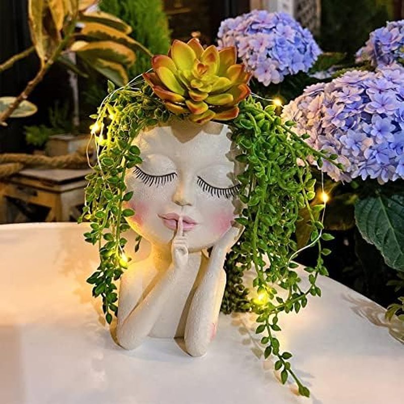 Plantador De Cabeça Com Furo De Drenagem , Vaso De Arte Em Resina , Linda Senhora Abraçando Vasos De Flores Suculentas P