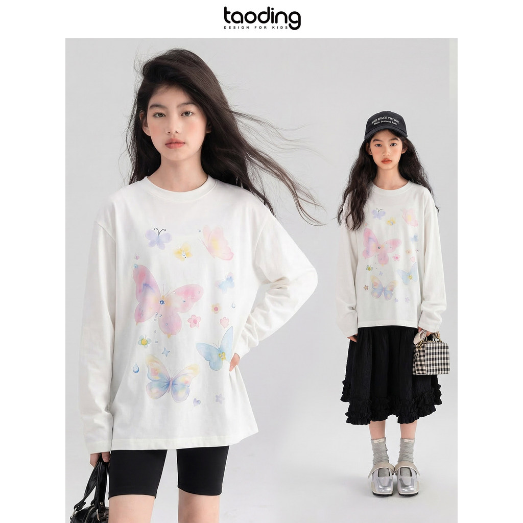 Taoting meninas pequeno fresco branco manga comprida camiseta protetor solar primavera verão meninas grandes crianças bo