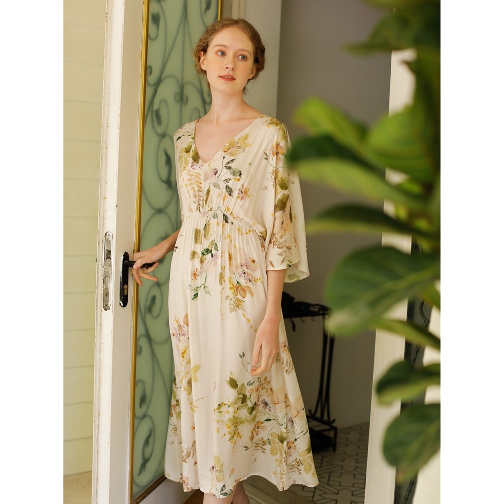 Wisteria algodão seda tributo camisola verão estilo fino legal gelo seda sentir de manga curta V Loungewear vestido pija